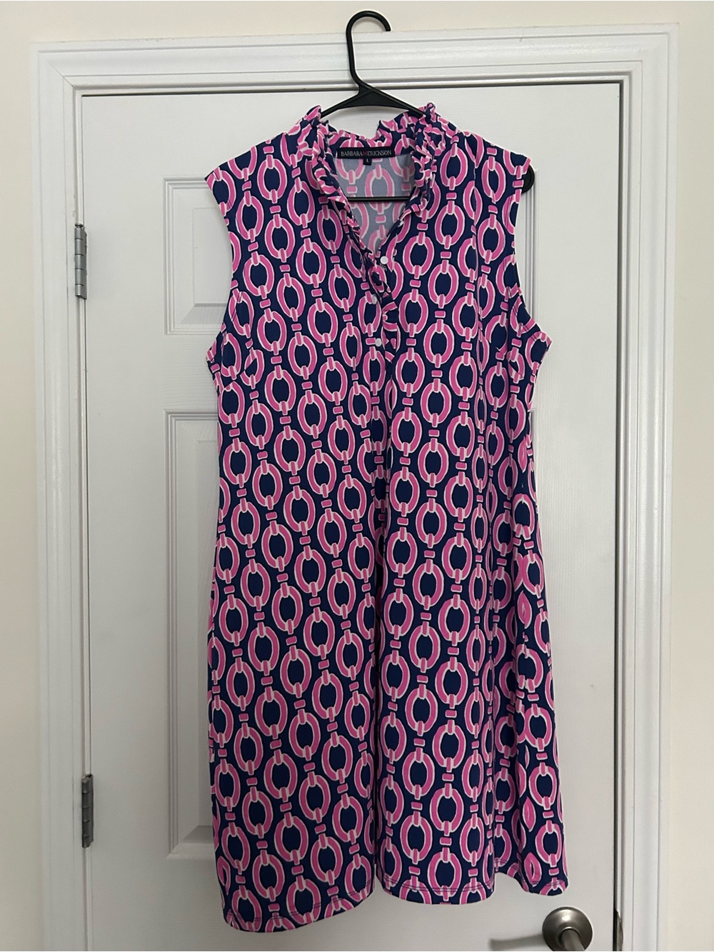 Barbara Erickson Sleeveless Pink & Navy Geometric Midi Dress